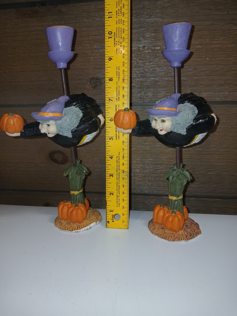 Set Of 2 Vintage Flying Witch with Pumpkin Candle Holders Halloween Decor